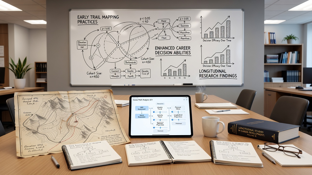 Diverse group of professionals analyzing interconnected trail maps and career timelines on a large digital display
