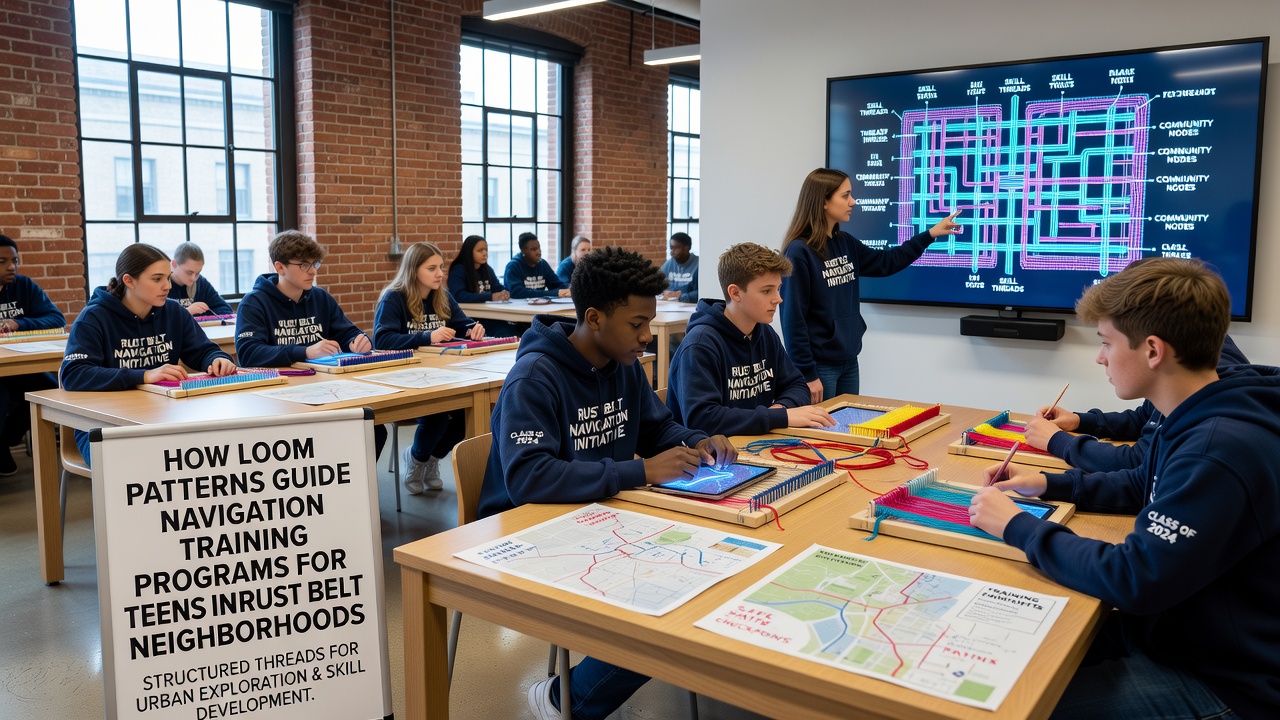 Group of teenagers tracing loom-inspired diagrams onto neighborhood maps during a navigation workshop in a former factory space