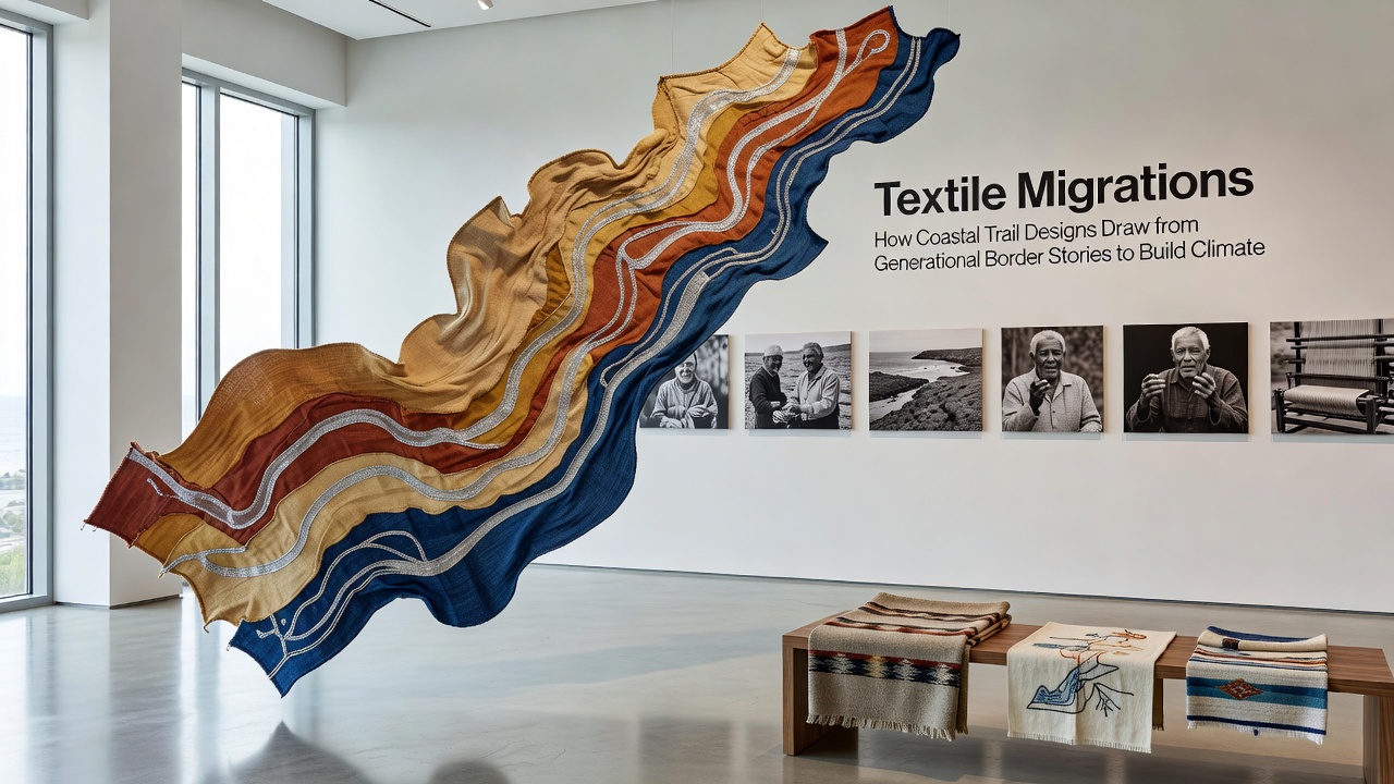 Detailed view of woven-inspired coastal trail segments with border migration pattern markers and protective vegetation